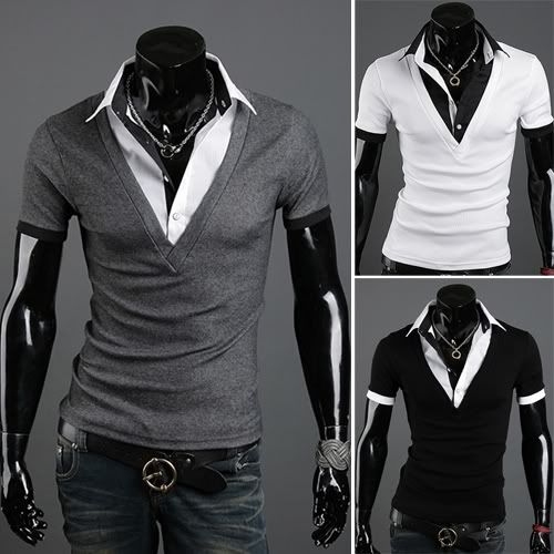 Novos homens Slim Fit camisas mangas curtas dos homens V-nec